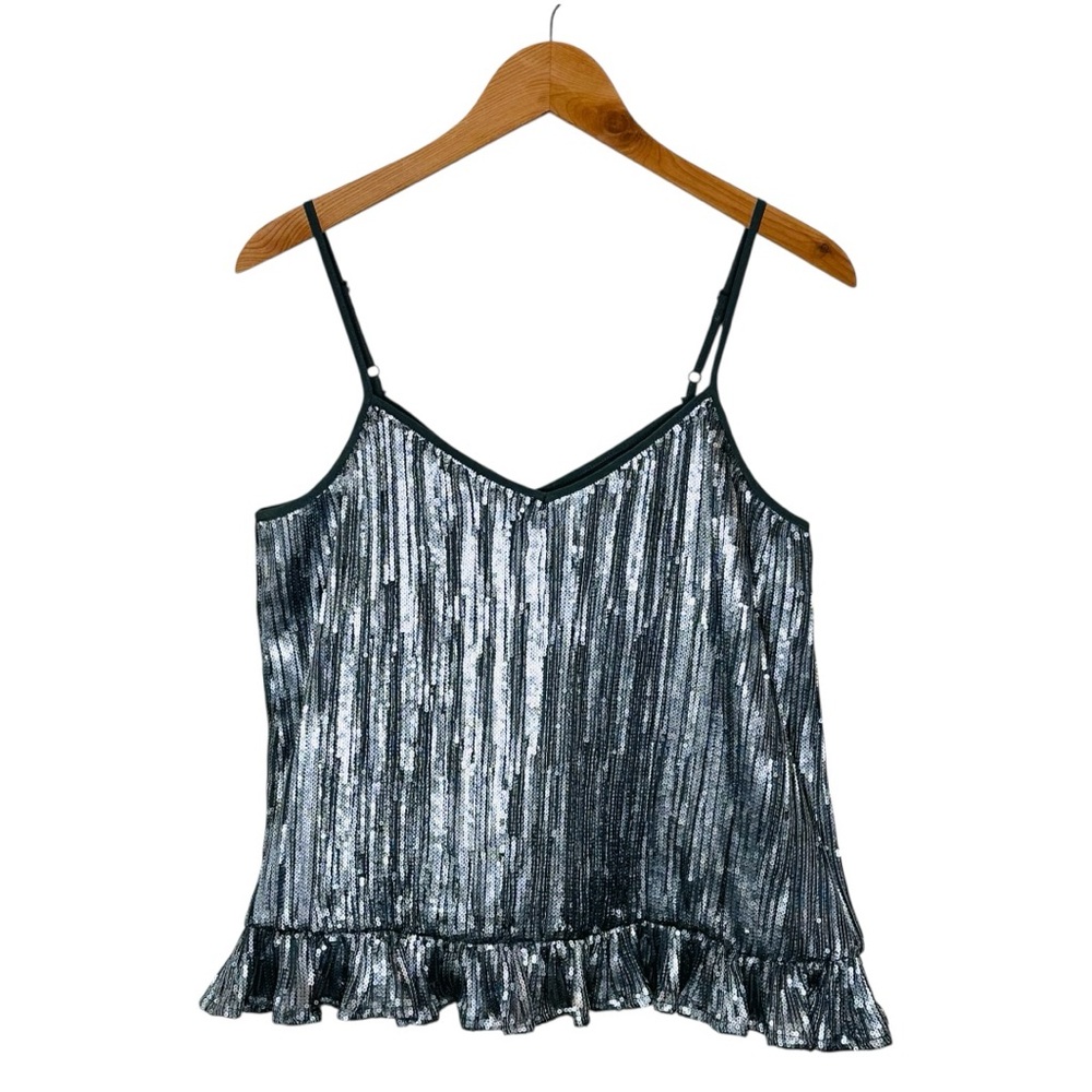 Anthropologie Silver Sequin Ruffled Camisole Size 4 Amelie Silver Grey Metallic